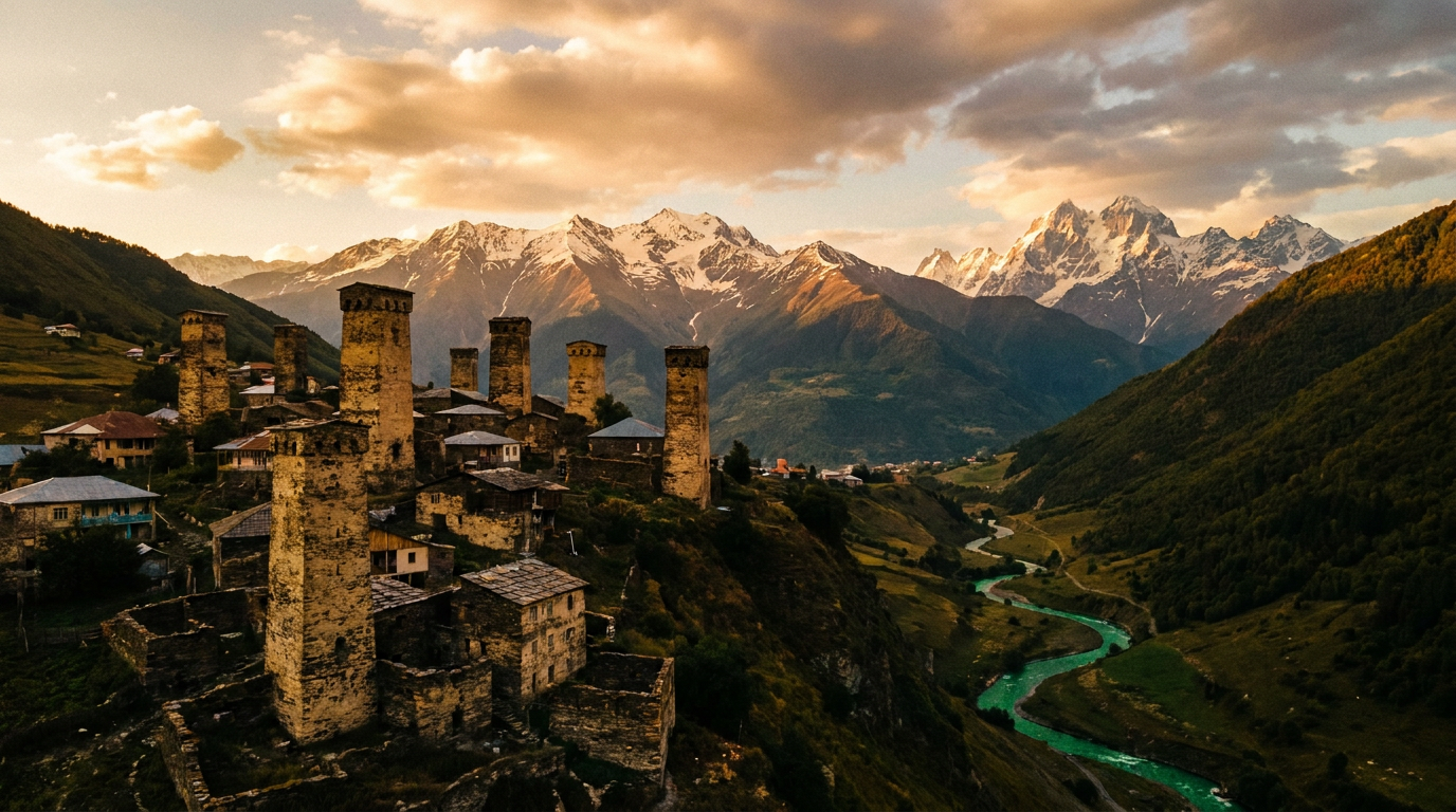Svaneti towers in Georgian mountains